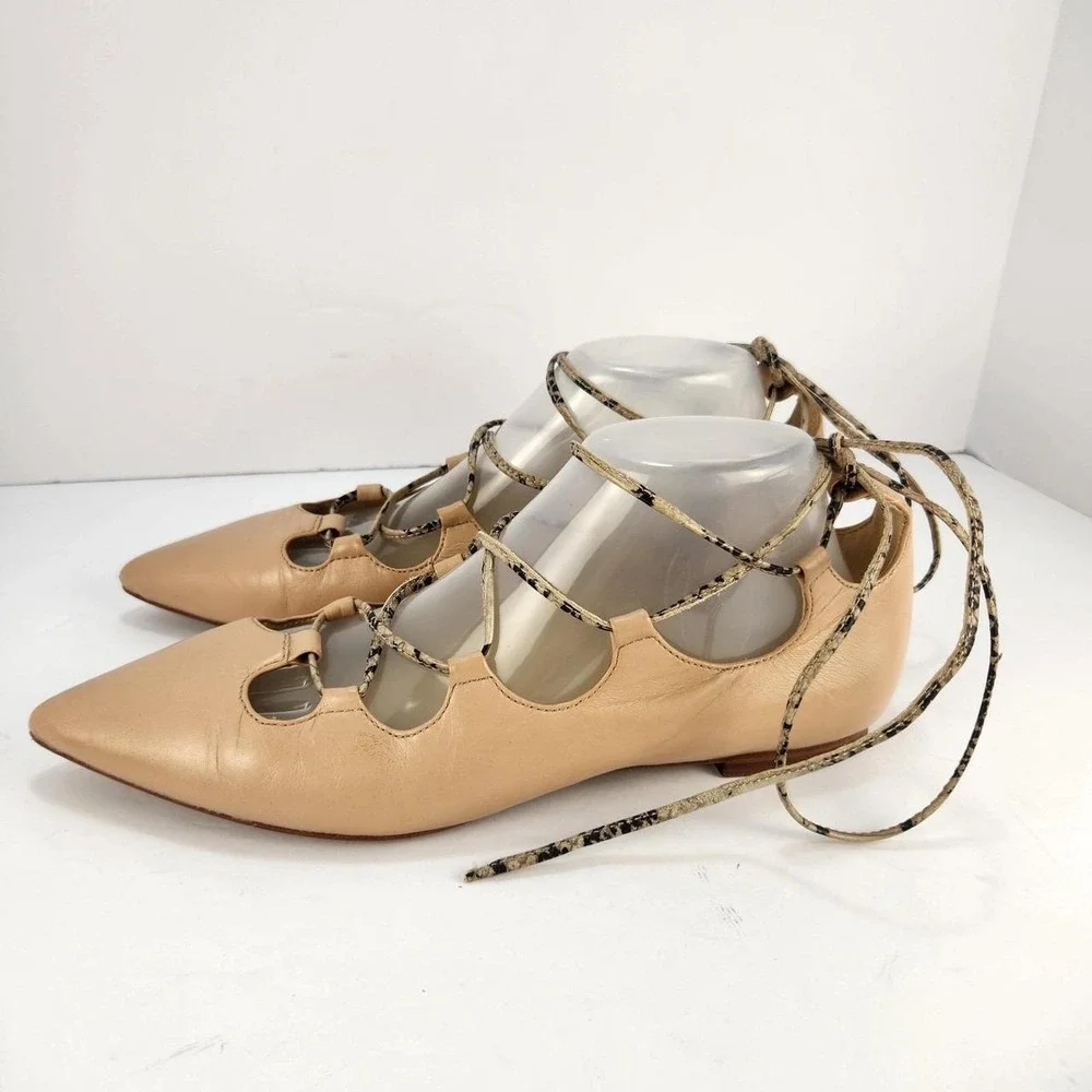 Coach Women's 8.5B Tan Leather Pointed Toe Lace-Up Ballet Flats Ankle Wrap